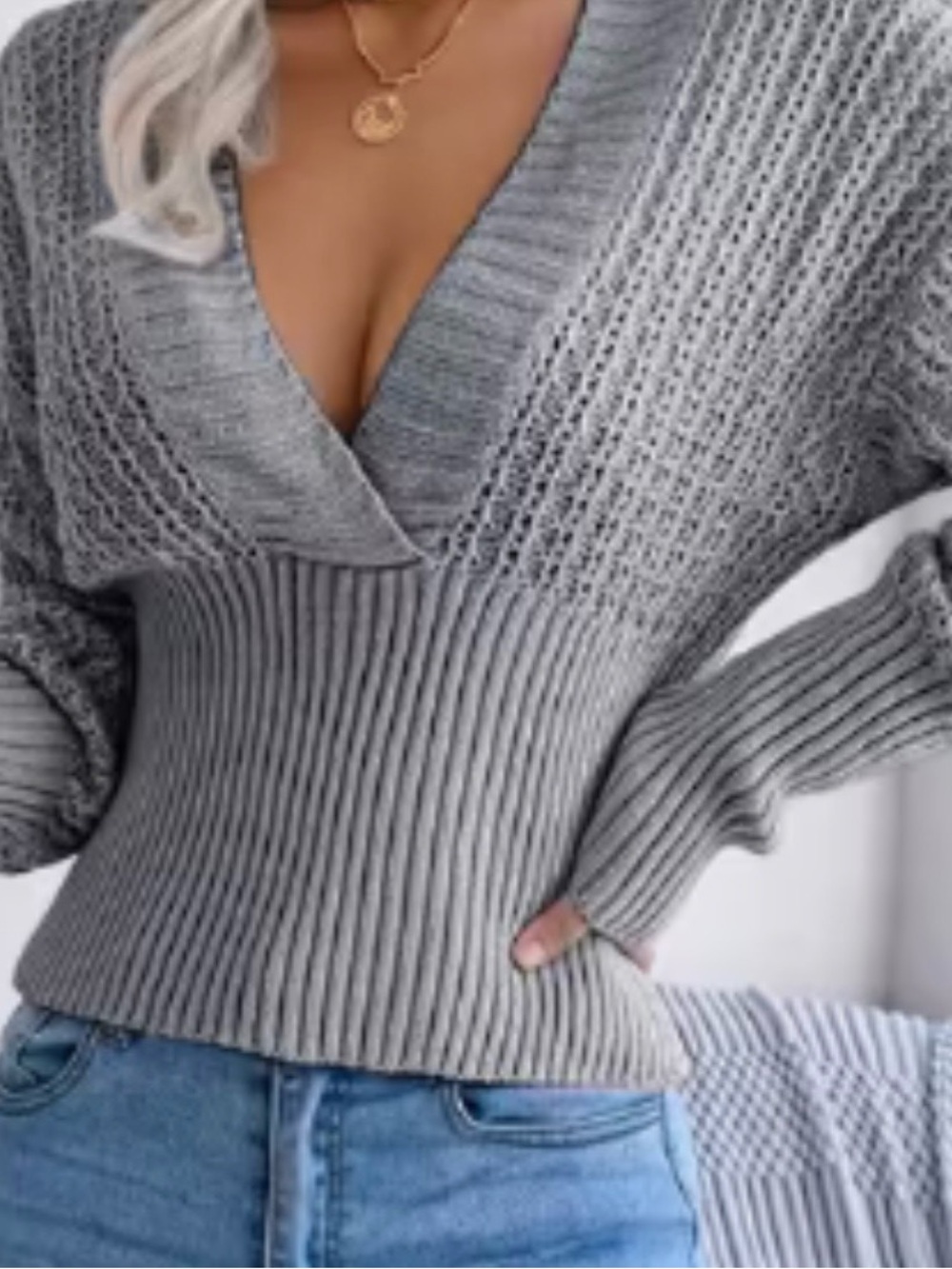Women's Gray V-Neck Ribbed Waist Sweater